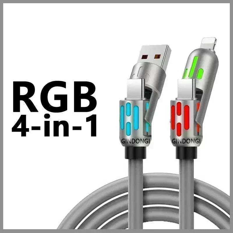 240W RGB LED 4-in-1 Fast Cable 4PCS for iPhone Type-C Android Gaming Charger