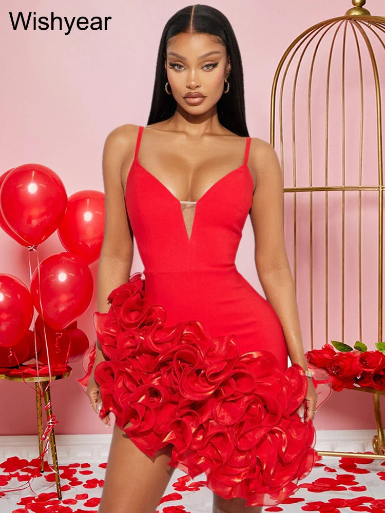 Mini Dress Women Sexy Straps Ruffle Red Luxury Birthday Night Prom Robe