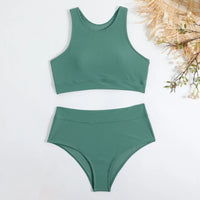 Summer High Elastic Swimwear Solid Color Square Neck Underwear Vest Bikini Set High Waist Casual Separate Two-Piece Swimsuit
