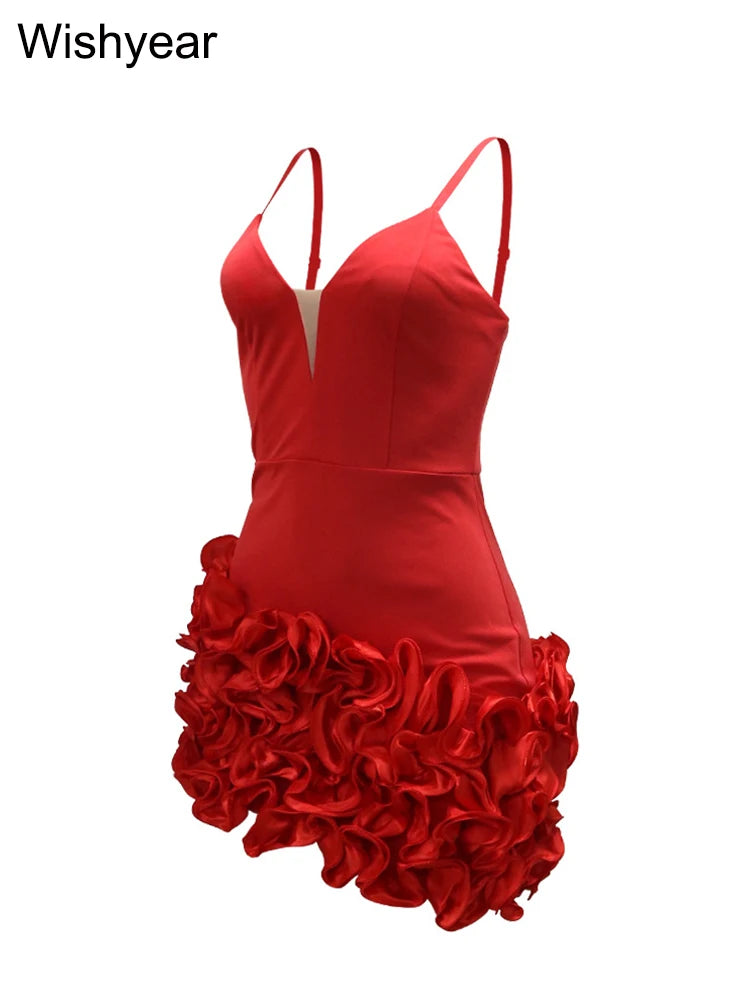 Mini Dress Women Sexy Straps Ruffle Red Luxury Birthday Night Prom Robe