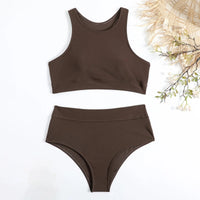 Summer High Elastic Swimwear Solid Color Square Neck Underwear Vest Bikini Set High Waist Casual Separate Two-Piece Swimsuit