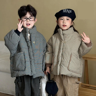 2025 Winter New Children Fleece Plaid Coat Fashion Boys Warm Jacket Plus Velvet Thick Girls Cotton Padded Jacket Kids Clothes