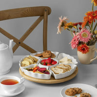 360° Rotating Divided Serving Tray, 12 Inch - 7-Piece Removable Bowls for Chips, Dip, Fruit & Snacks, White Party Platter
