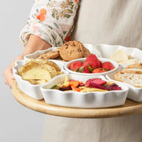 360° Rotating Divided Serving Tray, 12 Inch - 7-Piece Removable Bowls for Chips, Dip, Fruit & Snacks, White Party Platter