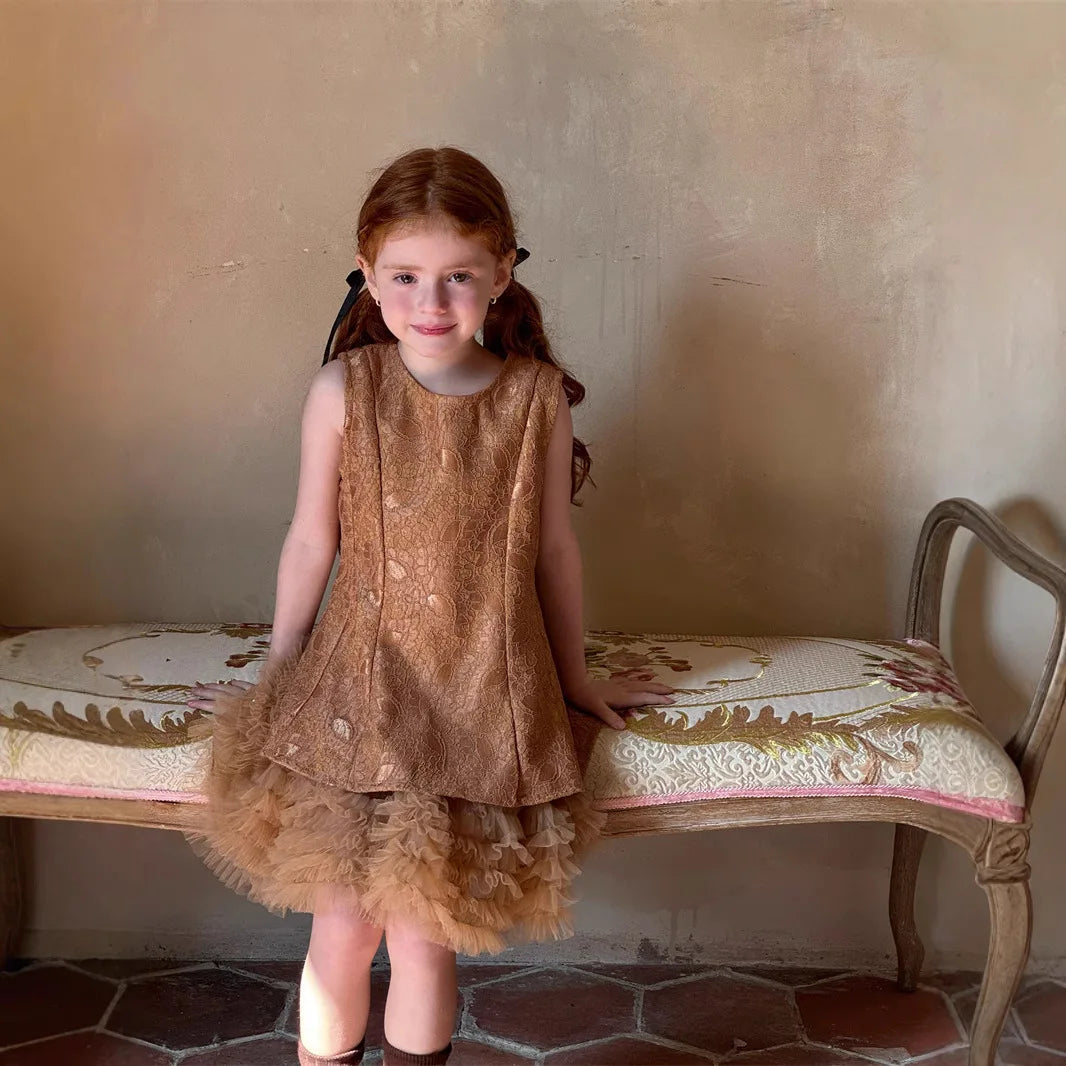 Slip Dress 2025 Spring and Summer New Solid Color Fashion Style Sleeveless Lace Puff Dress Kids Clothes Girls