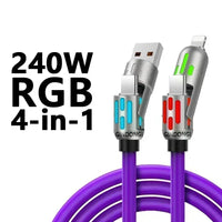 240W RGB LED 4-in-1 Fast Cable 4PCS for iPhone Type-C Android Gaming Charger
