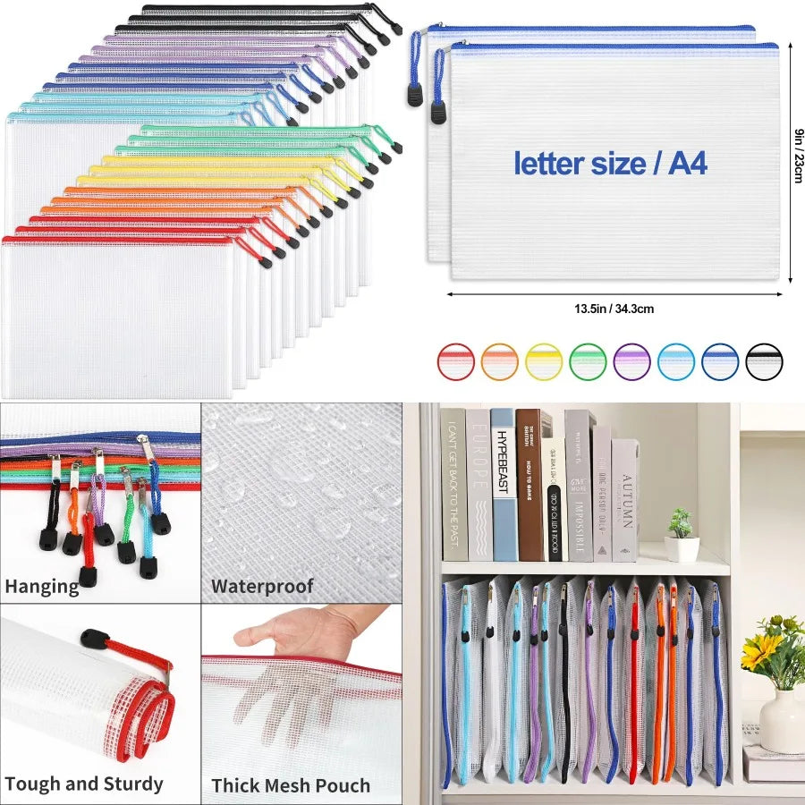 24pcs Mesh Zipper Pouch Bags A4 Size Waterproof Organizer Storage Pouches for School Supplies Toys Puzzle Board Games Office Do