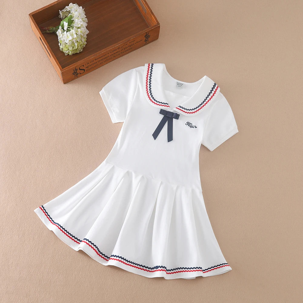 Girls Dress School Uniform Turn-down Collar Dresses 5-12 Years Children's Preppy  Clothing Kids Summer Short Sleeves Clothes