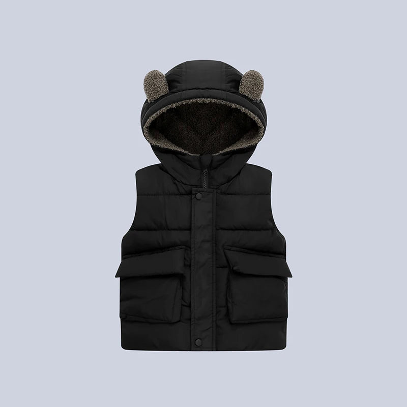 2-6 Years Autumn Winter Boys Vest Bear Ears Solid Color Keep Warm Little Princess Girls Waistcoat Hooded Boys Coat Kids Clothes