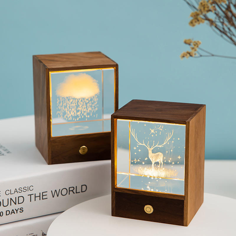 Wooden Box Square Crystal Ball Elk Cloud Night Light Christmas Birthday Gift