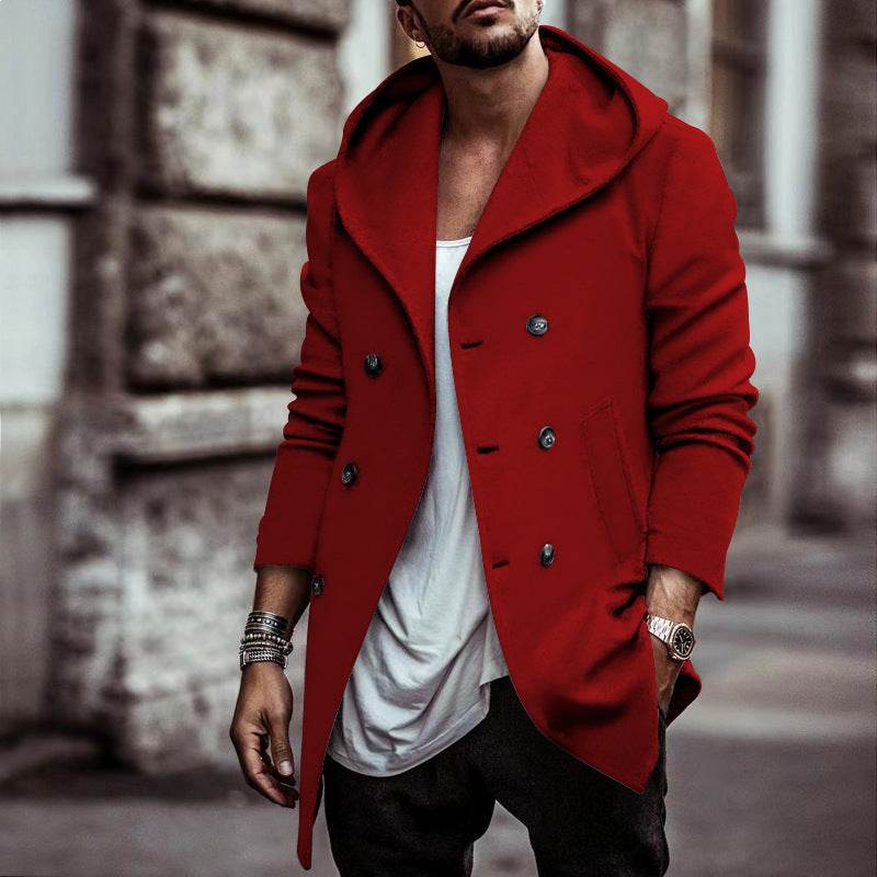 Male Mid-length Lapel Hooded Double-breasted Trench Coat