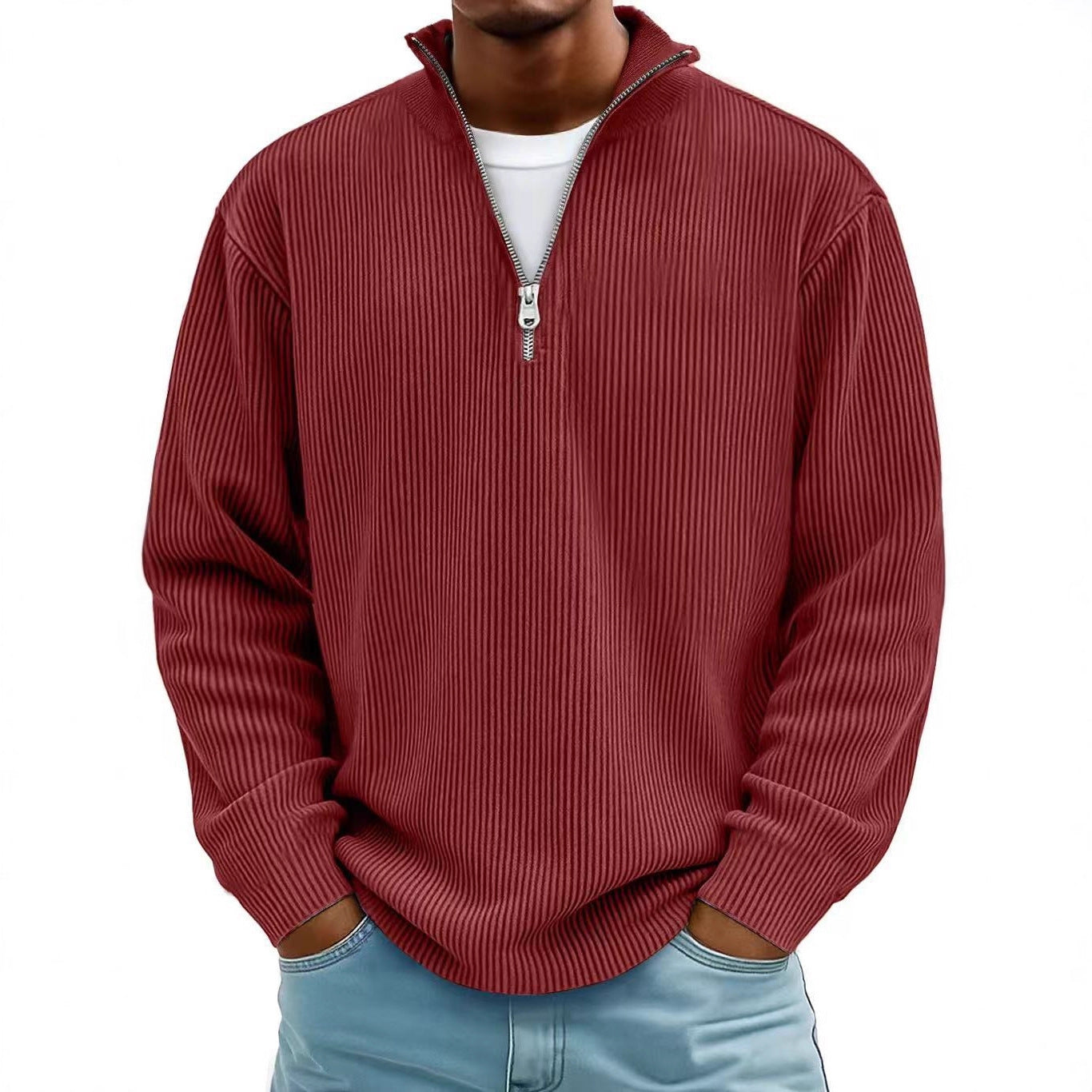 Casual Ribbed Stand Collar Zipper Corduroy Long Sleeve