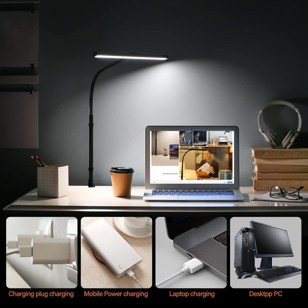 LED Table Lamp With Clamp Office Work Computer USB Double Head Desk Eye Protection