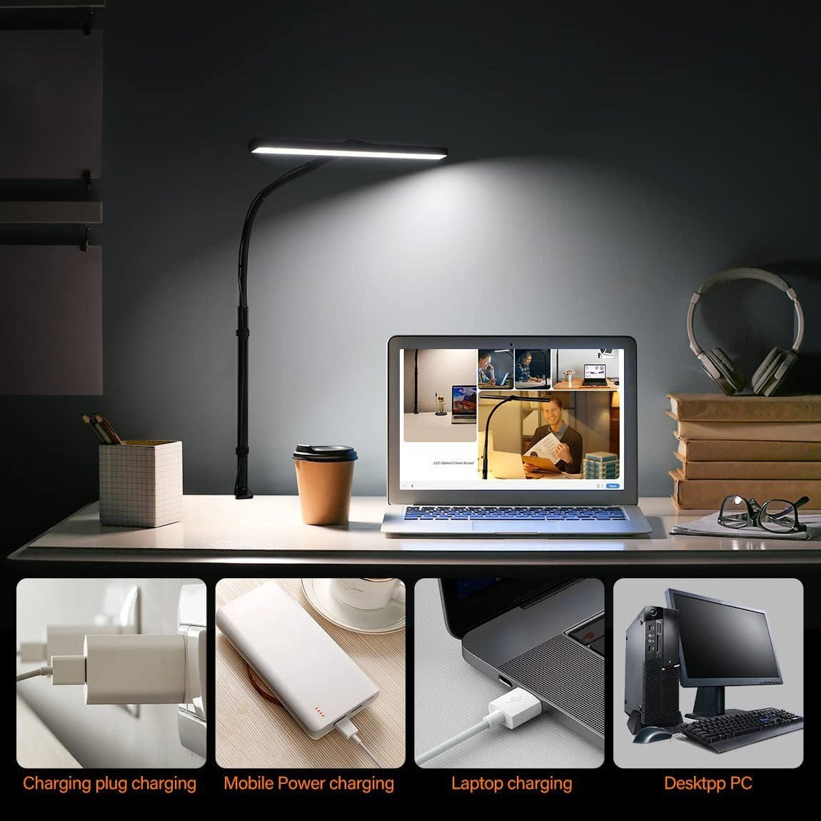 LED Table Lamp With Clamp Office Work Computer USB Double Head Desk Eye Protection