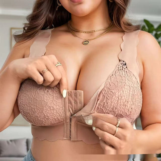 French Style Lace Thin Gathering Bra Front Buckle Large Size Without Steel Ring Breathable