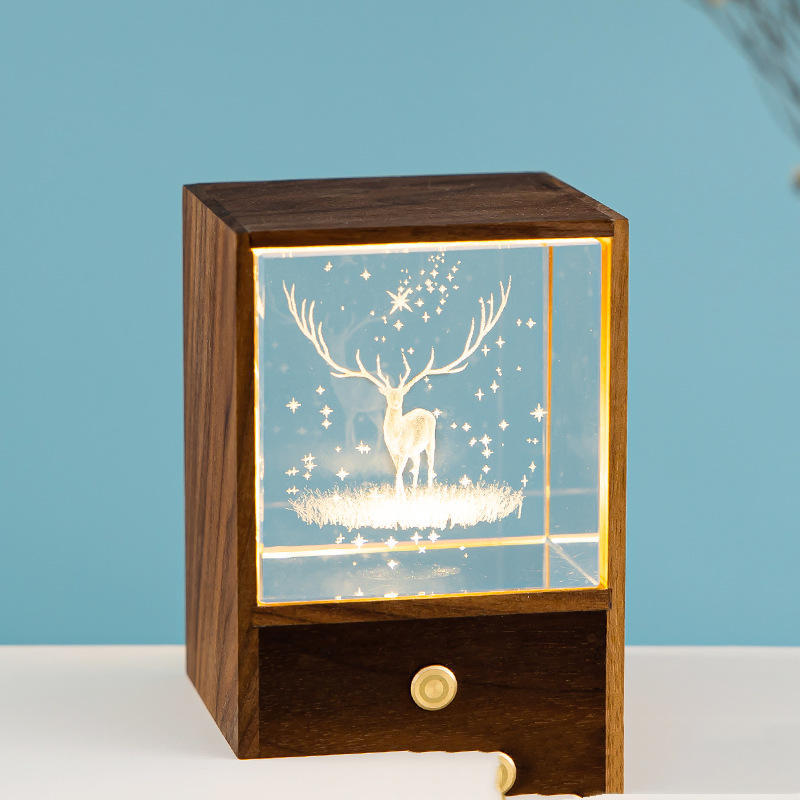 Wooden Box Square Crystal Ball Elk Cloud Night Light Christmas Birthday Gift