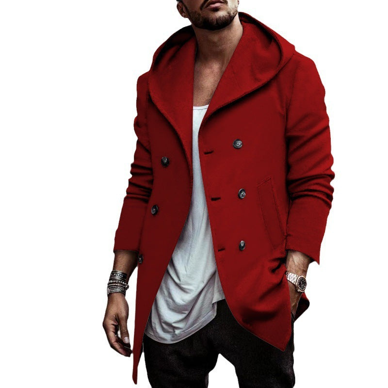 Male Mid-length Lapel Hooded Double-breasted Trench Coat