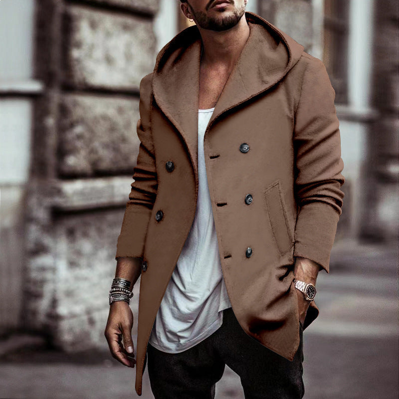 Male Mid-length Lapel Hooded Double-breasted Trench Coat