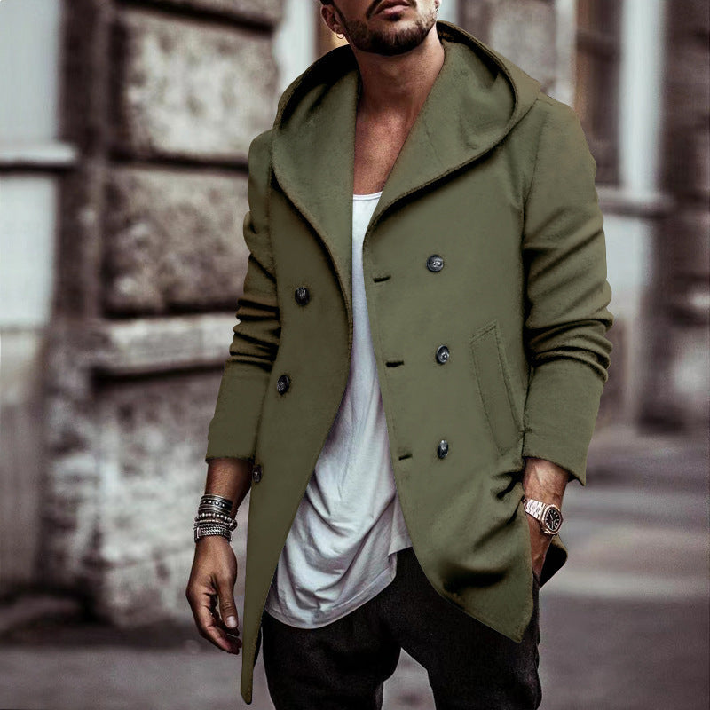 Male Mid-length Lapel Hooded Double-breasted Trench Coat